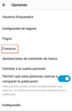 opción compras del perfil de instagram