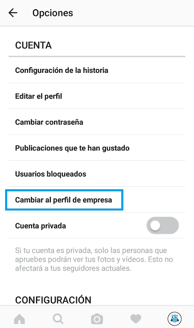 configuración del perfil de empresa en instagram